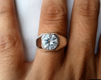 Bezel set Diamond Ring Men, VS1 Clarity Fake Diamond Silver Ring, CZ 925 Silver Band, Engagement Round cut Ring, Gift for Boyfriend, Dad