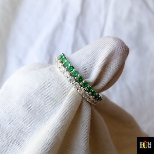 Set of Two Eternity Bands , 2 MM Round Cut Emerald Diamond Eternity Rings, 925 Sterling Silver Band, Two Stackable Rings, Anniversary Bands