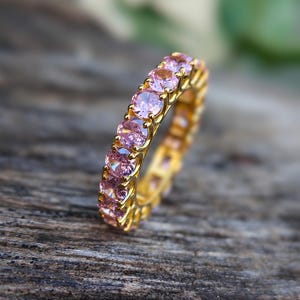 Delicate Pink Tourmaline Ring, 14K Gold Plated Ring, Pink Tourmaline Eternity Band, Pink Gemstone Ring, Promise Ring, Handmade Ring for Her