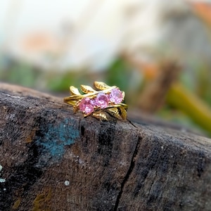 Delicate Pink Sapphire Leaf Ring, Unique Nature Inspired Ring, Twig Ring, 14K Gold Plated Sapphire Ring, Three Stone Ring, Pink Stone Ring