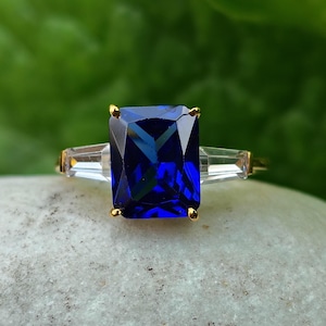 Handmade Blue Sapphire Ring, 14K Gold Plated Ring, Blue Sapphire Engagement Ring, Radiant Cut Gemstone Ring, Baguette Cut Ring, Promise Ring