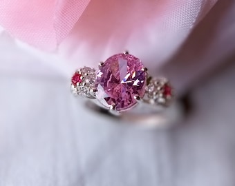 Floral Pink Sapphire Ruby Ring, Sterling Silver Handmade Jewelry, Unique Sapphire Band