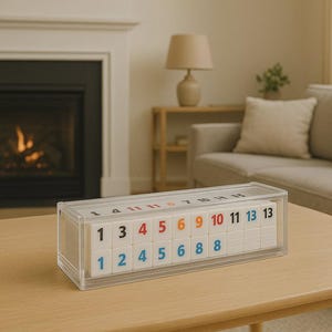 May include: A clear acrylic box containing white tiles with numbers in various colors. The numbers are 1, 2, 3, 4, 5, 6, 8, 9, 10, 11, and 13. The game is on a light brown wooden table.