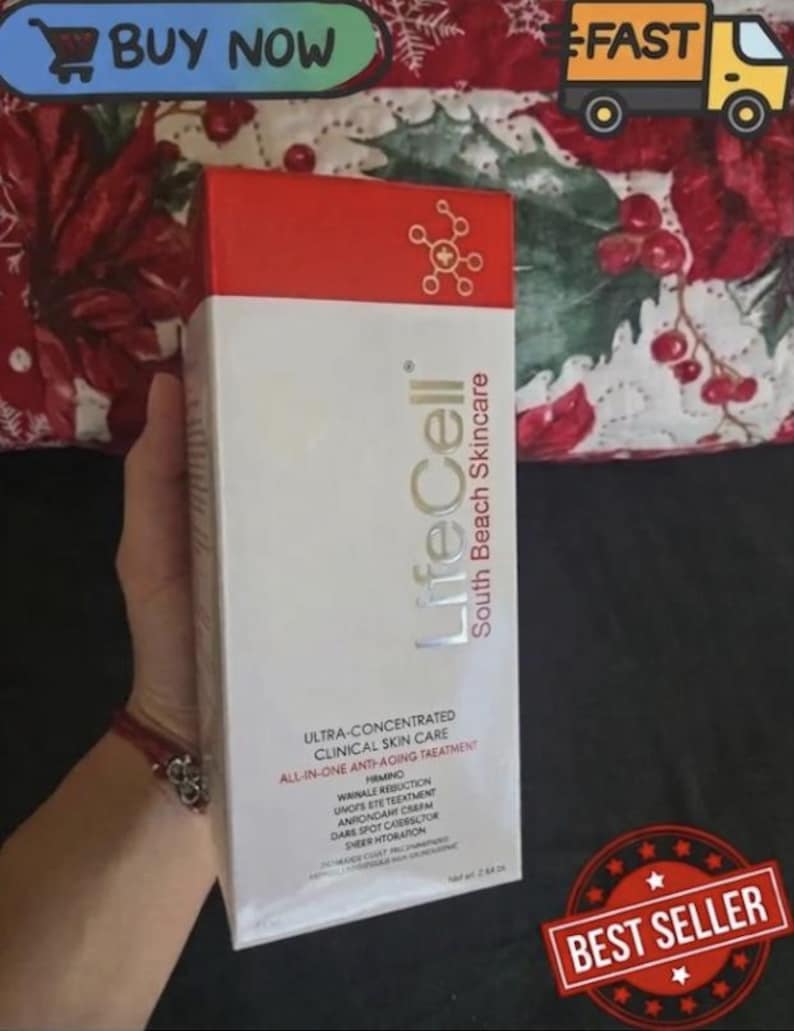 May include: A white and red box of LifeCell South Beach Skincare, an all-in-one anti-aging treatment. The box features the text "ULTRA-CONCENTRATED CLINICAL SKIN CARE" and "BEST SELLER" in a red badge. The background is a floral pattern.