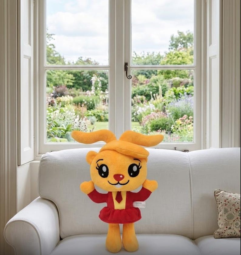 Op de afbeelding: Een pluche konijn met oranje vacht, lange oren en een rode jurk. Het konijn heeft grote, expressieve ogen en staat op een witte bank voor een raam met uitzicht op een tuin.