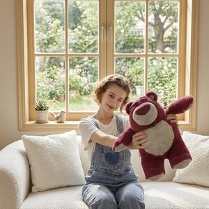 May include: A burgundy teddy bear with a light tan belly and a smiling face. The soft toy is held up in front of a window with a garden view. The bear has outstretched arms.