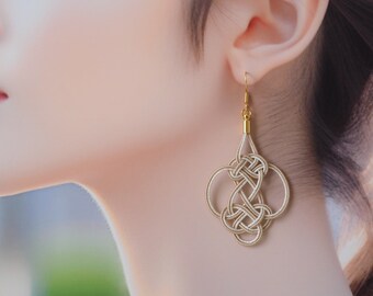 Japanese mizuhiki earrings, Arabesque pattern, beige and white color