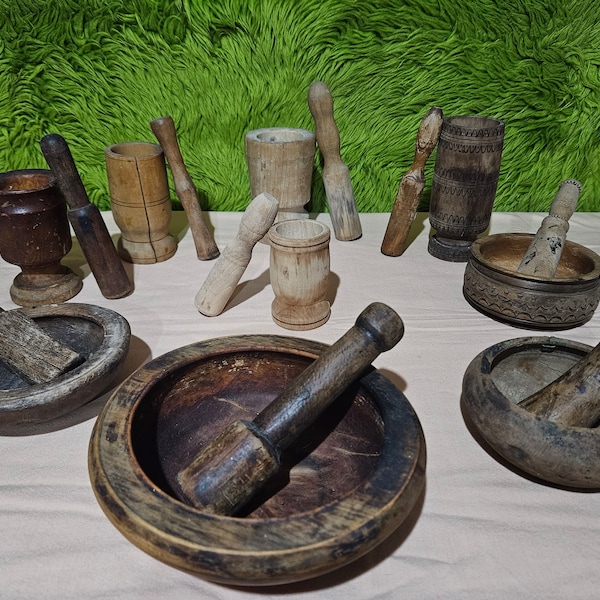 Old Wooden Mortar & Pestle (different variants) Set for walnuts, spices and herbs. Kitchen Decor.