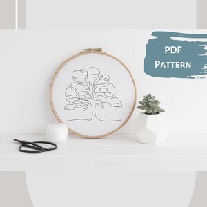 May include: A black and white line drawing of a tree in a wooden embroidery hoop. The hoop is on a white surface with a small potted succulent plant and a spool of thread.
