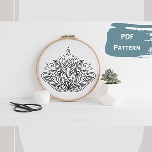 Pode incluir: Um padrão de bordado preto e branco de uma flor de lótus estilizada em um aro de bordado de madeira. O aro está sobre uma superfície branca com uma pequena planta suculenta em vaso e uma bobina de fio branco.