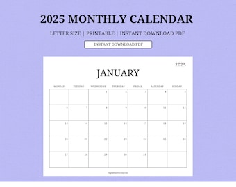 2025 Monthly Calendar Printable, Minimalist Black Design (PDF)