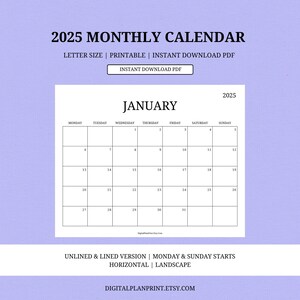 2025 Monthly Calendar,printable,minimalist Style -black Color Design ...