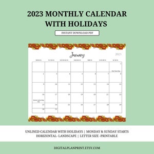 2023 Monthly Calendar With Holidays printable seamless Design pdf