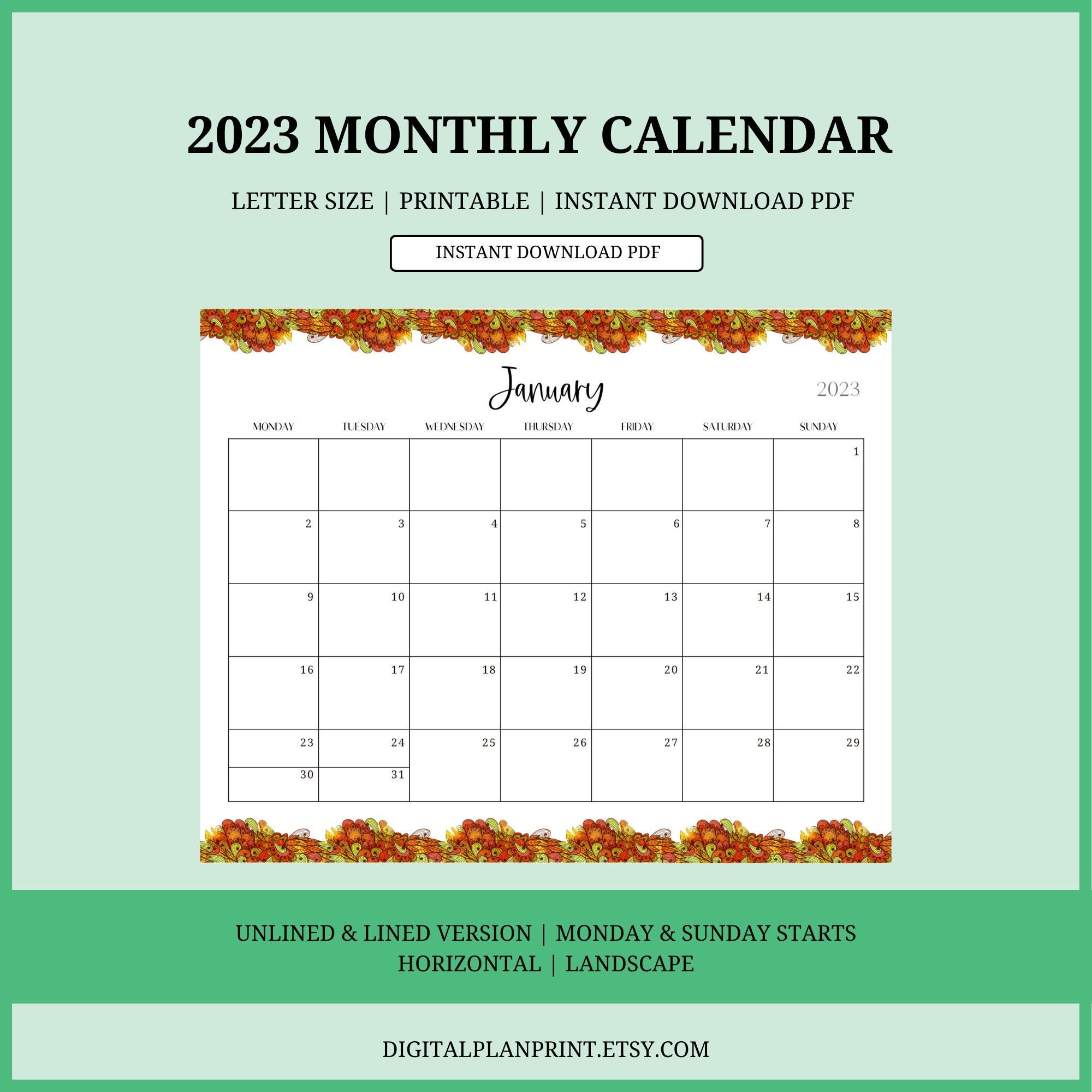 2023 Monthly Calendar,printable, Seamless Pattern Design,pdf,horizontal