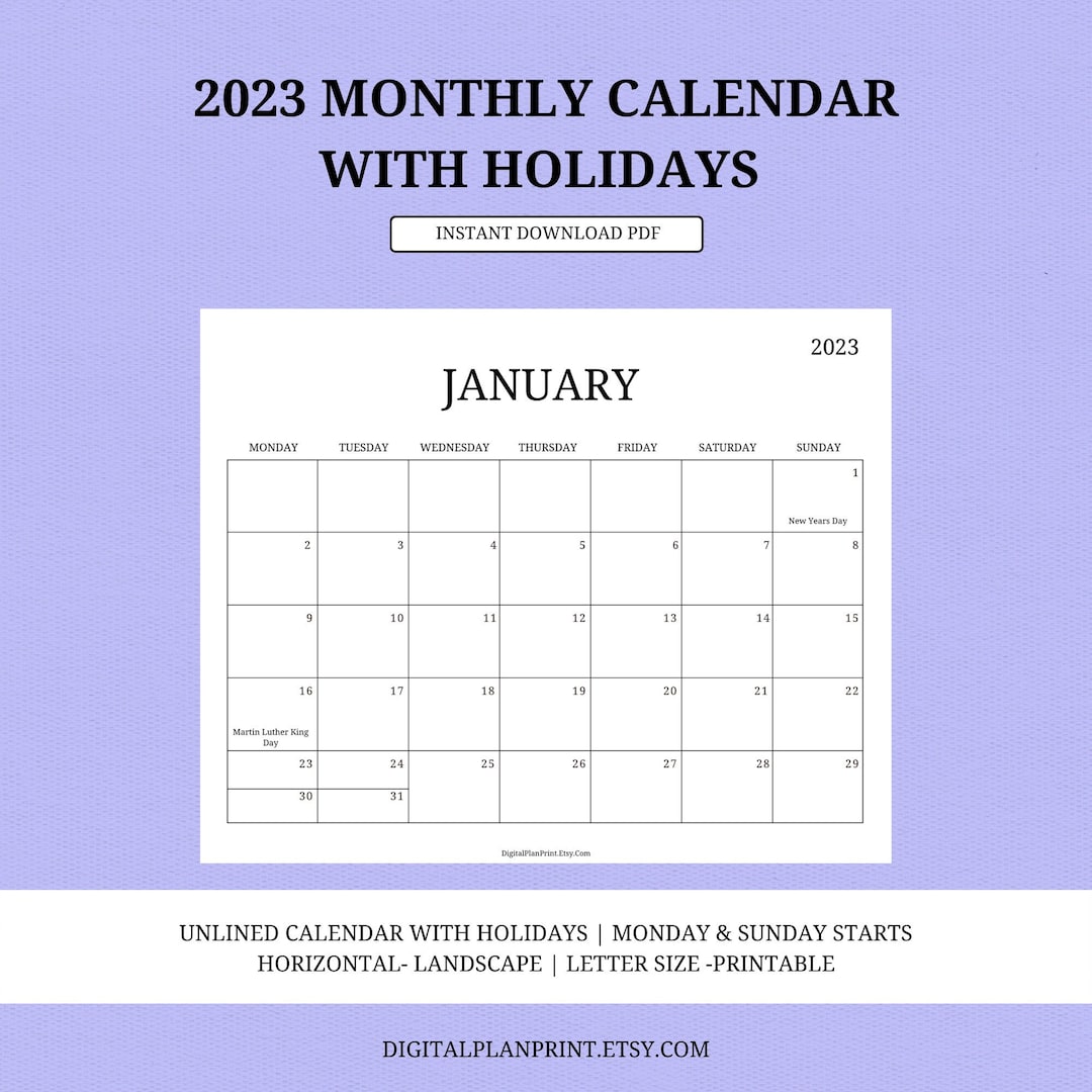2023 Monthly Calendar With Holidays,printable,simple Black Design,pdf