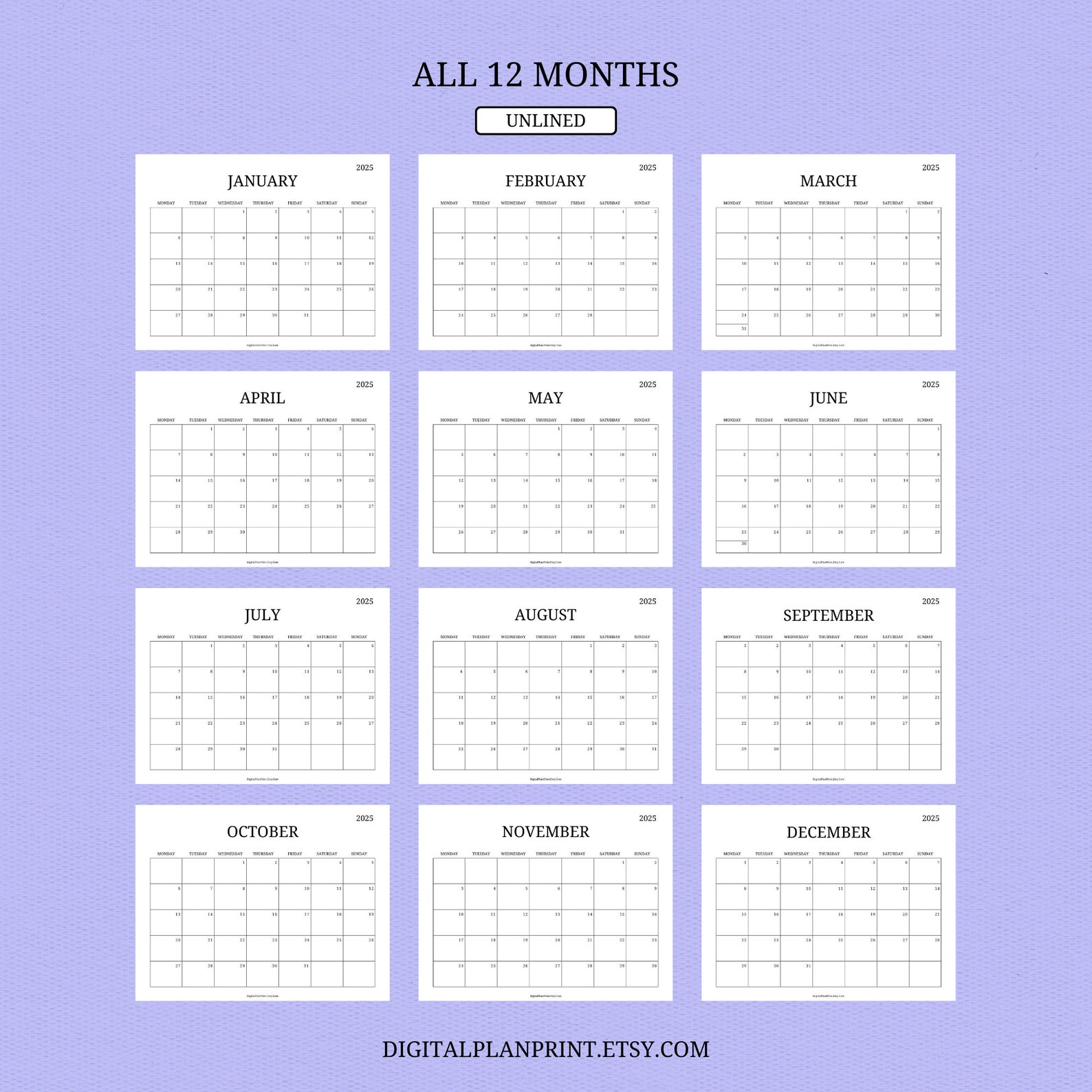 2025 Monthly Calendar,printable,minimalist Style black Color Design,pdf