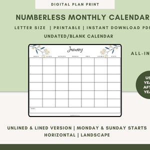 Puede incluir: Un calendario mensual imprimible, sin fecha, con un diseño floral. El calendario es de tamaño carta e incluye un espacio en blanco para notas. El texto "Enero" está en la parte superior del calendario.