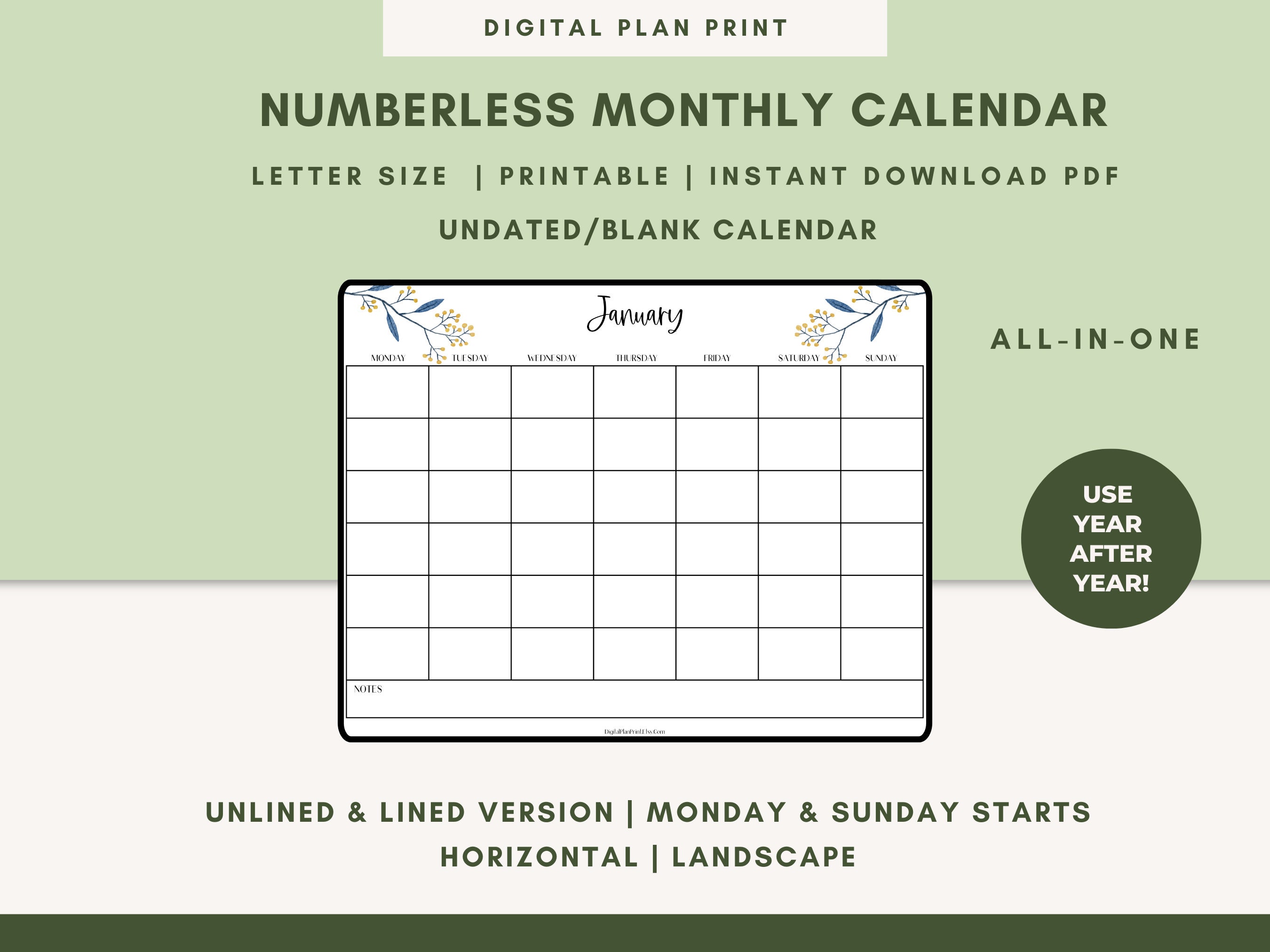 Numberless Monthly Calendar,blank Monthly Calendar, Printable