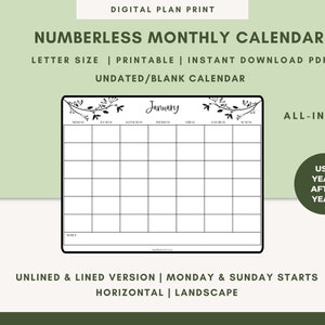 Puede incluir: Un calendario mensual imprimible en blanco y negro con un diseño floral. El calendario no está fechado y tiene un diseño de cuadrícula con espacios para cada día del mes. El texto "Enero" está en la parte superior del calendario.