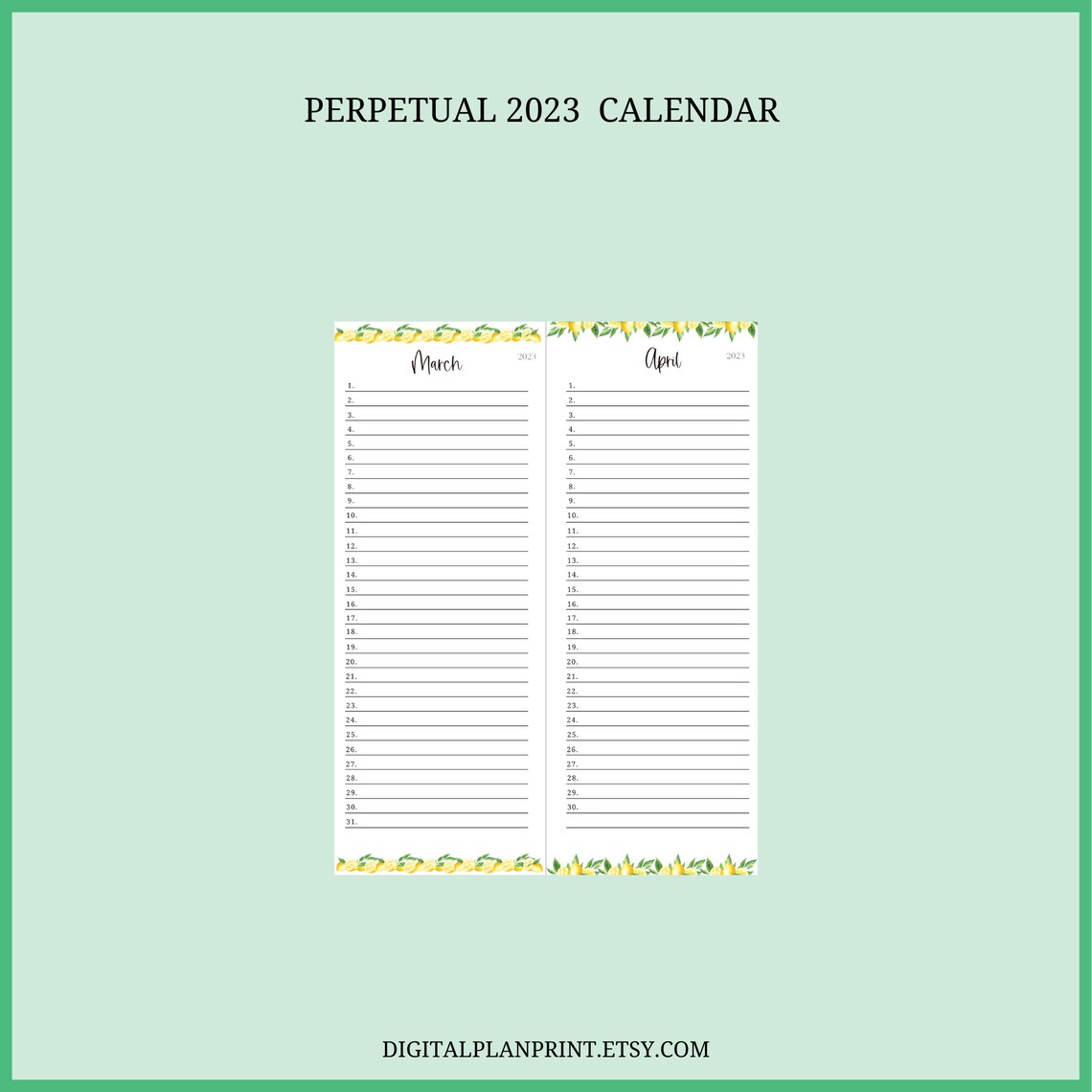 2023 Perpetual Calendar, Printable ,lemon Pattern Design ,PDF, Letter