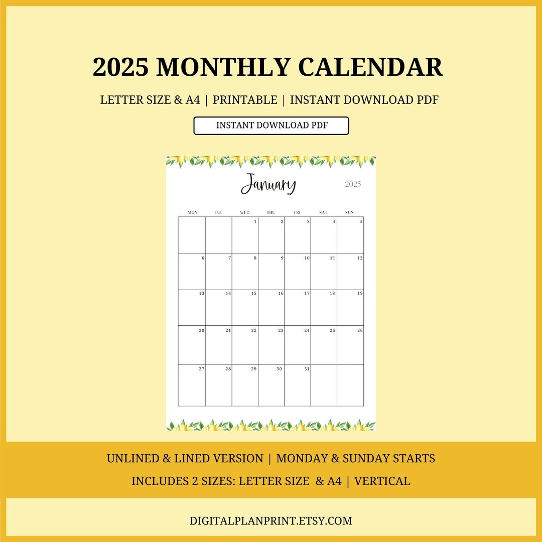 2025 Monthly Calendar,printable ,lemon Pattern,pdf, Letter Size /A4