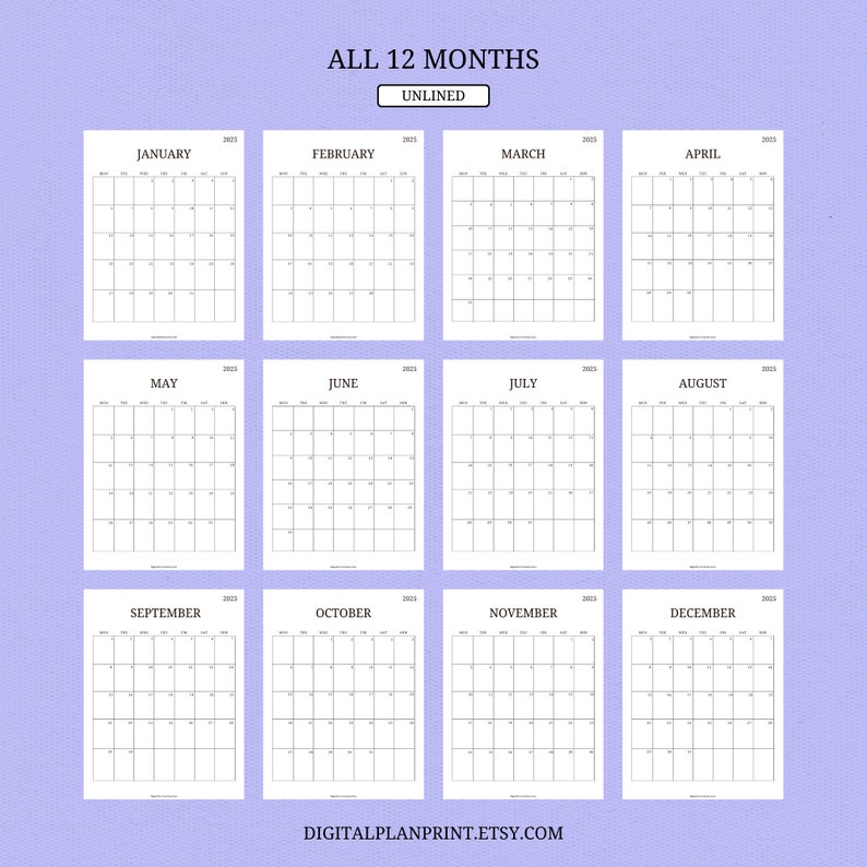 2025 Monthly Calendar Printable minimalist Black Stylepdf Etsy