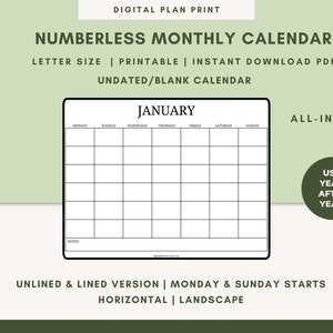 Puede incluir: Una plantilla de calendario mensual imprimible en blanco y negro con la palabra "JANUARY" en la parte superior. El calendario no está fechado y no tiene números. El texto "ALL-IN-ONE" aparece en la esquina superior derecha. El texto "USE YEAR AFTER YEAR!" aparece en un círculo en la esquina inferior derecha. El texto "UNLINED & LINED VERSION | MONDAY & SUNDAY STARTS HORIZONTAL | LANDSCAPE" aparece en la parte inferior de la página.