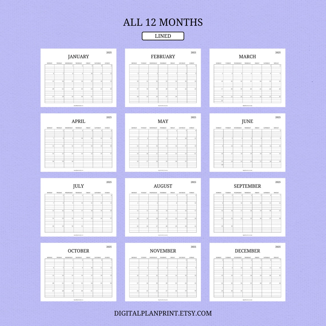2025 Monthly Calendar,printable,minimalist Style black Color Design,pdf