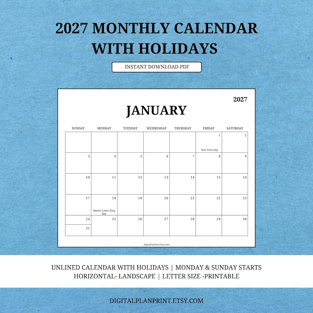 2027 Monthly Calendar With Holidays,printable,simple Black Color  Design,pdf,horizontal/landscape.unlined Calendar,sunday/monday Start. -  Etsy New Zealand