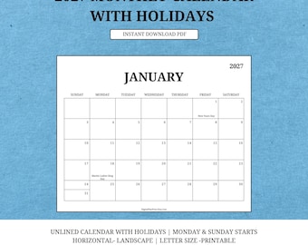 May include: A printable 2027 monthly calendar with holidays, featuring a clean, unlined design. The calendar starts on Sunday and Monday, with a horizontal landscape layout. The January calendar is displayed, with the text "Instant Download PDF".