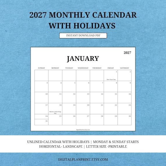 2027 Monthly Calendar With Holidays,printable,simple Black Color Design,pdf,horizontal/landscape.unlined  Calendar,sunday/monday Start. - Etsy