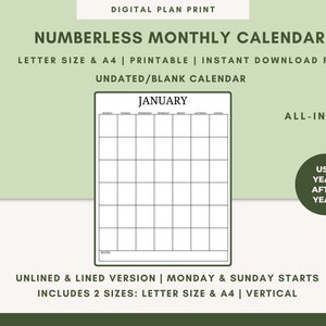 Puede incluir: Una plantilla de calendario mensual imprimible, sin fecha, en blanco y negro. El calendario está diseñado para papel tamaño carta y A4 e incluye una sección de notas. El texto "JANUARY" está en la parte superior del calendario. El texto "ALL-IN-ONE" está en la esquina superior derecha de la imagen. El texto "USE YEAR AFTER YEAR!" está en la esquina inferior derecha de la imagen. El texto "UNLINED & LINED VERSION | MONDAY & SUNDAY STARTS" está en la parte inferior de la imagen. El texto "INCLUDES 2 SIZES: LETTER SIZE & A4 | VERTICAL" está en la parte inferior de la imagen.