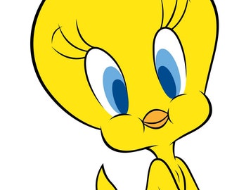 May include: A yellow cartoon bird with large blue eyes and long eyelashes. The bird is standing with its feet together and its wings folded.