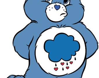 May include: A blue Care Bear with a sad expression. The bear has a white belly with a blue cloud and red hearts raining from it.