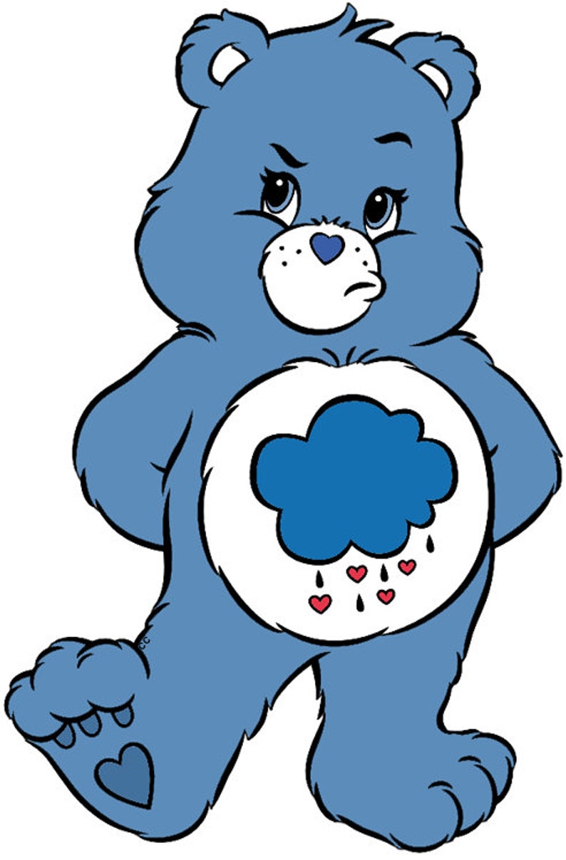 May include: A blue Care Bear with a sad expression. The bear has a white belly with a blue cloud and red hearts raining from it.