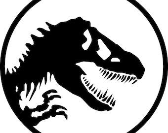 Może przedstawiać: Czarno-biała sylwetka głowy dinozaura w kółku. Dinozaur patrzy w prawo i ma ostre zęby.