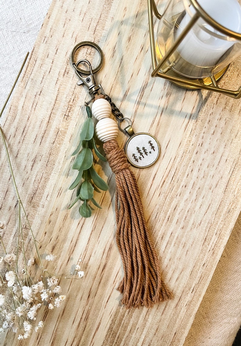 Boho Embroidery Tassel Keychain Purse Charm With Greenery Etsy
