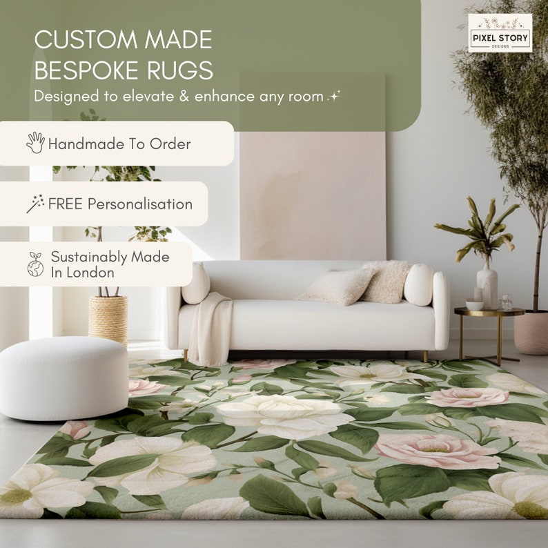Pink Velvet Rug Floral Botanical Bedroom Rug Cream Velvet Rug Pink Living Room Carpet ...