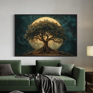 Yggdrasil At Night Under Moon Wall Art, Tree of Life Painting Canvas PRINT,  Norse Mythology Wall Decor, Framed Ready To Hang