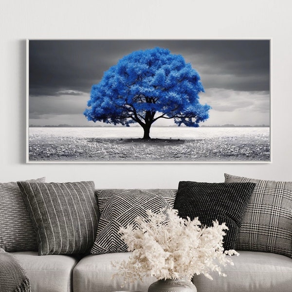 Blue Tree on Black White Background Extra Large Painting Canvas Print - Blue Wall Art Framed, Unframed, Ready To Hang