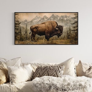 American Bison Painting Wood Panel Effect Printed on Canvas, Western Art Cabin Wall Decor, Farmhouse Rustic Wall Decor, Framed Ready To Hang