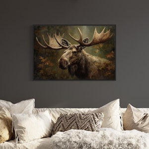 Moose With Antlers In The Forest Portrait Painting Canvas Print, Moose Farmhouse Wall Art Framed Unframed Ready to Hang
