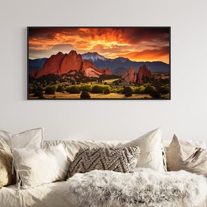 Colorado Springs Rocky Mountains Wall Art, Garden of the Gods Pikes Peak Sunset Photo Style Canvas Print, Framed Ready To Hang