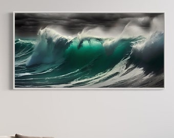 Ocean Wave Wall Art, Coastal Photography Canvas Print, Realistic Nautical Sea Wave Wall Decor Framed Ready To Hang