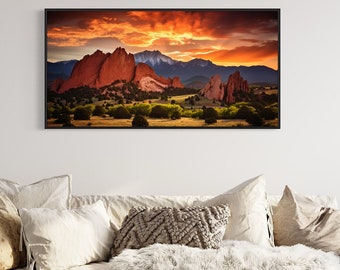 Colorado Springs Rocky Mountains Wall Art, Garden of the Gods Pikes Peak Sunset Photo Style Canvas Print, Framed Ready To Hang