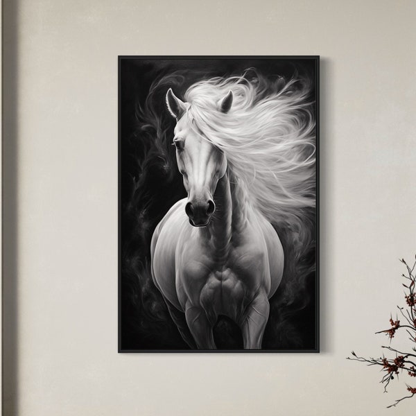 Beautiful White Horse Portrait - Horse Wall Art - Oil On Canvas Painting Print - Vertical Framed Or Unframed Ready To Hang