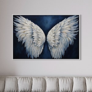 White Angel Wings On Blue Background Wall Art - Abstract Oil Painting Printed on Canvas - Religious Painting - Framed Ready To Hang