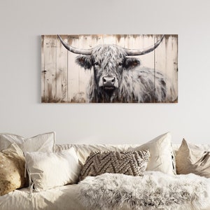 Highland Cow Painting Canvas Print Extra Large Farmhouse Wall Art, Highland Cattle Painting Rustic Wall Art Framed, Unframed, Ready To Hang