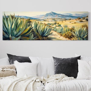 Desert Wall Art With Agave Painting Long Narrow Horizontal Canvas - Panoramic Cactus Wall Art Southwestern Decor, Framed Ready To Hang