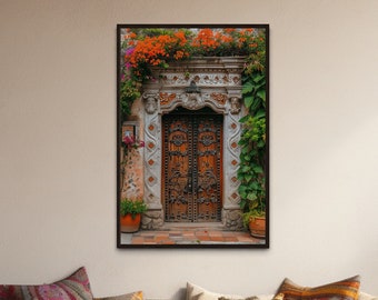 Mexican Wall Art, Colorful Mexican Door Painting Canvas Print, Traditional Hacienda Architecture Wall Decor Ready To Hang